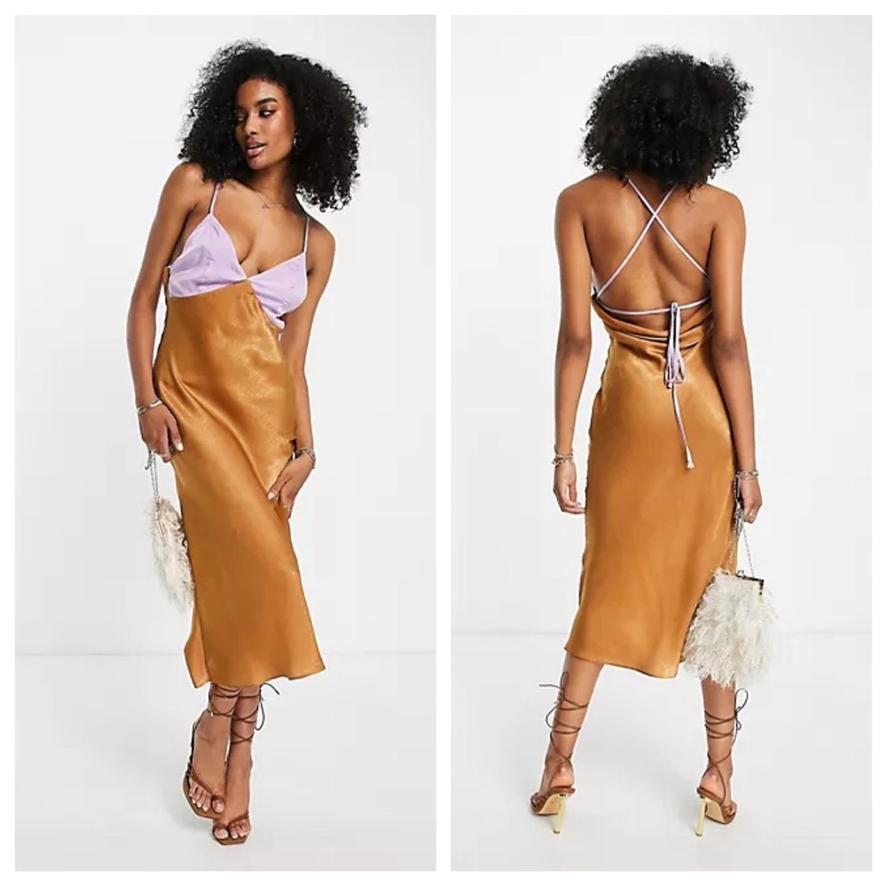 NWT ASOS DESIGN Satin Midi Lace Up Back Color Block Dress Camel Lilac Size 4